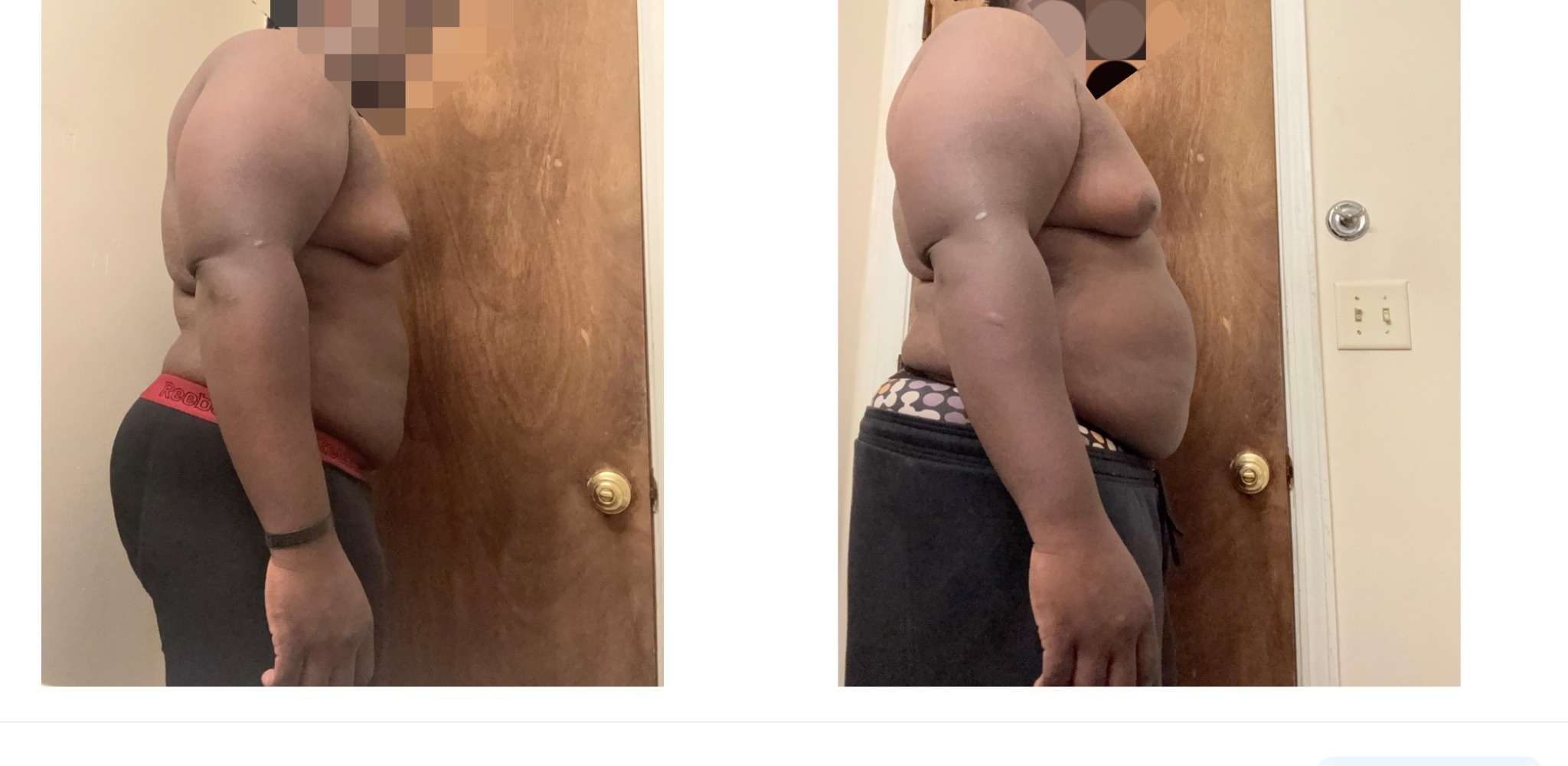Two side-by-side progress photos of a former Fit With Rev client, with their face obscured